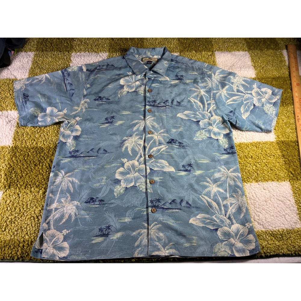 Tommy Bahama Mens Large Blue Silk Tropical Hibiscus Palm Tree Camp Shirt L